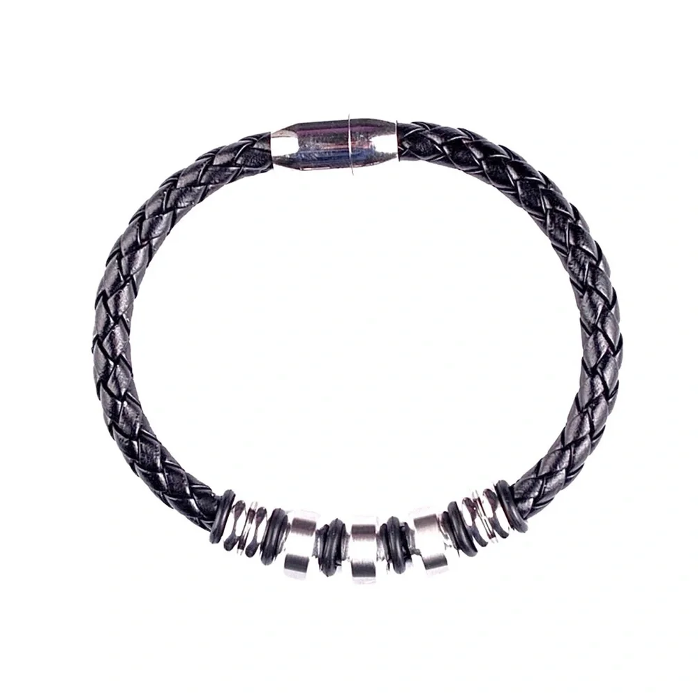 Men’s Braided Leather & Stainless Steel Bracelet – Black | Modern Style